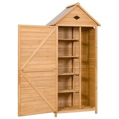 a wooden storage shed with its doors open and shelves on each side, showing the inside