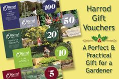 various gift vouchers for gardener's with the words harrod gift vouchers