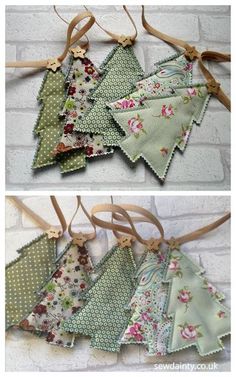 several different pictures of fabric hanging from clothes pins