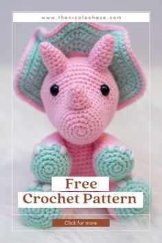 a pink crocheted elephant sitting on top of a white blanket with the words free crochet pattern