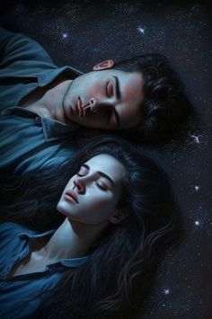 two people laying down in the dark with their eyes closed and stars shining above them