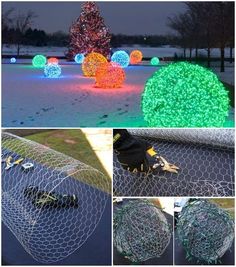 christmas lights in the shape of balls on a wire mesh fence and an image of a tree