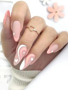 Free Returns ✓ Free Shipping✓. Instantly Upgrade Your Look with 24pcs Long Almond Pink Love Frosted French Heart Print Fake Nail & 1sheet Tape & 1pc Nail File- Press On Nails at SHEIN. Colors Nails, Peach Nails, Valentine Nails, Heart Nail, Almond Shape, Blue Nail, Nails Spring