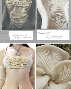 three different pictures of the back of a woman's body, including an intricately designed piece of clothing