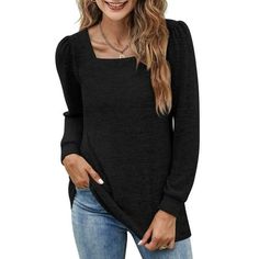 TEMOFON Long Sleeve Tops for Women Square Neck Tshirts Loose Fit Casual Fall Winter Shirts. The women's blouse is a versatile and comfortable piece of clothing designed for everyday wear. It is lightweight, stretchy, and breathable, ensuring maximum comfort throughout the day. With a chic square neckline, puff sleeves, and loose fit, this long-sleeved tunic top can be paired with leggings or skinny jeans, making this winter tunic top perfect for various occasions. This tunic top is a stylish and Winter Tunic, Long Sleeve Tops For Women, Women Fall Tops, Fall Sweaters For Women, Crewneck Sweatshirt Women, Casual Leggings, Fall Tops, Loose Fit Shirts, Tunic Tops Casual