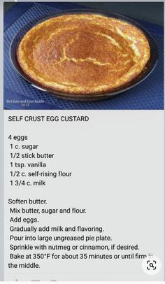 the recipe for an egg custard pie is shown in this screenshote