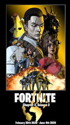 the poster for fortnite is shown in black and yellow with an image of two people