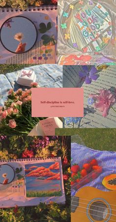 a collage of photos with flowers and pictures on them, including an ukulele