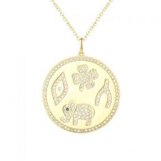 "May good luck be yours Change your destiny in your favor with this 20mm shiny pendant showcasing four lucky charms. Set in 0.265carat diamonds and 3.431gms of 14K yellow gold, the pendant weighs 3.484gms. Please contact us for bulk discount upto 40% All weight and dimensions are approximate. It varies everytime we produce it. Sku: |14YP1133| -----------------------------------------------------> Features : Gold KT : 14K Solid Made to Order : Yellow Gold, Rose Gold, White Gold Diamond Quality Unique Diamond Pendant, Thistle Necklace, Wax Seal Jewelry, Silver Dragon Necklace, Mystical Jewelry, Horn Jewelry, Medieval Jewelry, Dragon Necklace, Witchy Jewelry