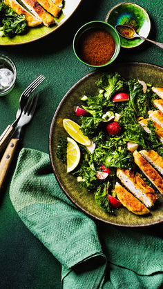 Plate of breaded chicken with kale salad on the side Kale Chicken Salad Recipes, Crispy Chicken Kale Salad, Kale Salmon Salad, Ambitious Kitchen Kale Couscous Salad, Kale Quinoa Chicken Salad, Sumac Salad, Marinated Kale, Almond Crusted Chicken