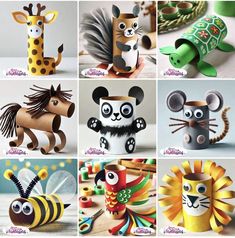 many different types of paper toys are shown in this image, including animals and bees