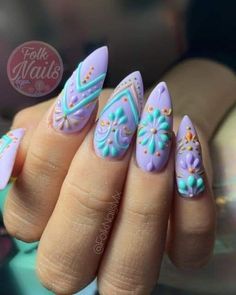 Folk Nails, Disney Gel Nails, Mexican Nail Art, Aura Background, Mexican Nails, Summer Bodies, Cool Projects, Boho Nails, Art Deco Nails