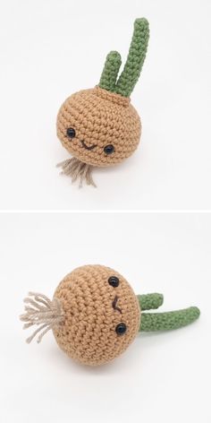 crocheted vegetable toy with eyes and nose on white background, two photos side by side