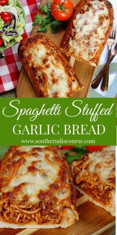 spaghetti stuffed garlic bread on a cutting board