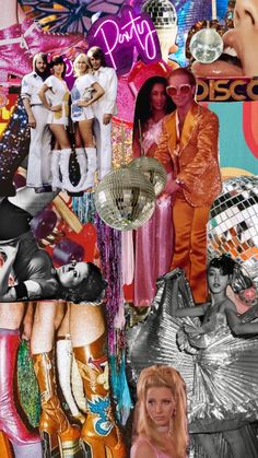 the collage has many different pictures and words on it, including women in disco outfits