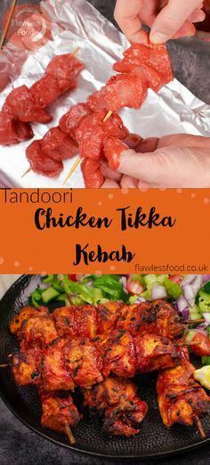 chicken tikka kebab is being served on a plate with other food items