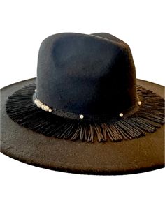 Fringe and pearl accent cowgirl hat. Final Sale Elegant Spring Rodeo Hat, Elegant Adjustable Fedora For Western-themed Events, Elegant Fall Hat Bands For Western-themed Events, Elegant Adjustable Hat For Western-themed Events, Elegant Brimmed Hat For Festival, Elegant Brimmed Festival Hats, Wide Brim Mini Hats For Rodeo, Elegant Felt Hat For Country Events In Fall, Western Style Party Hat For Fall