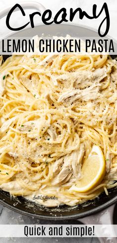 lemon chicken pasta in a skillet with text overlay