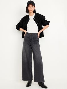 high waisted button front belt loops zip fly front patch pockets back patch pockets sits at belly button super-baggy thigh hits below ankle 30" regular inseam 28" petite inseam 33" tall inseam models are approx.  5'9" and wear sizes s (4), l (12), and xl (18)machine wash according to the care instruction label Black Wide Leg Jeans Outfit Fall, Baggy Black Jeans Outfit, Faded Black Jeans Outfit, Black Wide Leg Jeans Outfit, Smart Casual Jeans, Black Wide Leg Jeans, Tomboy Femme, Wide Leg Jeans Outfit, Faded Black Jeans