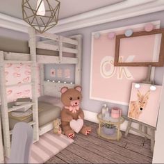 a teddy bear sitting on the floor next to a bunk bed