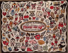 a drawing with many different types of tattoos and other things on it's surface