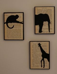 four different pictures of animals on an old book with black and white paper cut outs