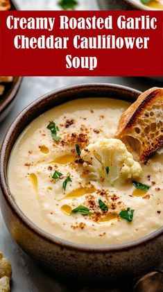 This smooth, Creamy Roasted Garlic Cheddar Cauliflower Soup is absolutely what you want on a chilly day. Cauliflower Recipes Soup, Creamy Cauliflower Soup Recipes, Cauliflower Garlic Soup, Roasted Garlic And Cauliflower Soup, Cheddar Cauliflower And Garlic Soup, Roasted Cheddar Cauliflower Soup