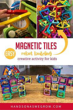 Make a robot with magnetic tiles and loose parts activity for creative cognitive learning fun with toddlers and preschoolers. Have a scavenger hunt for magnetic items too! Robots Preschool, Summer School Themes, Robot Activity, Cognitive Learning, Magnet Tiles, Make A Robot, Robot Building, Build A Robot