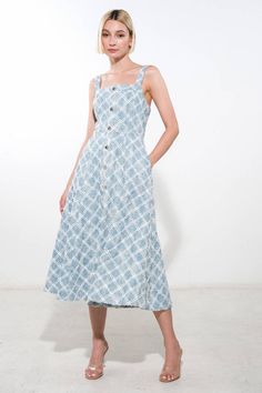 A textured denim midi dress featuring straight neckline, straps, self sash, button down detail, full skirt and back zipper closure Details: Self : 65% Cotton 35% Polyester Size & Fit - Model is 5`9" And Wearing Size Small- Measurements Taken From Size Small- Approx. Length: 41.5" Cotton Denim Midi Dress With Buttons, Cotton Denim Midi Dress With Button Closure, Cotton Midi Denim Dress With Button Closure, Elegant Ribbed Collar Top, Casual Cotton Midi Dress With Square Neck, Spring Midi Dress With Buttons And Square Neck, Chic Midi Sundress With Button Closure, Cotton Midi Dress With Tie Straps, Cotton Midi Dress With Button Closure For Day Out