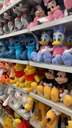 the shelves are filled with many different colored stuffed animals and mickey mouses for sale