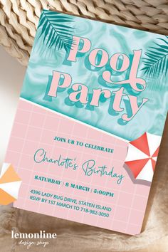 a pool party birthday card with an umbrella