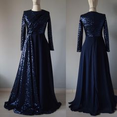 two pictures of a dress with sequins on the back and long sleeves in blue