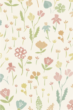 a floral wallpaper with many different flowers and leaves in pastel colors on a white background