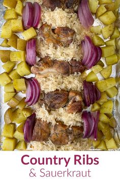 Sheet pan of potatoes, onions, ribs and sauerkraut with text Pork Ribs And Sauerkraut, Recipes Using Pork Chops, Working Mom Meals, Quick Easy Family Meals, Recipes Using Pork, Country Ribs