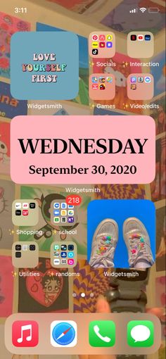 an iphone screen with the text wednesday on it and images of various items in different colors