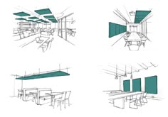 four different views of an office with tables and chairs