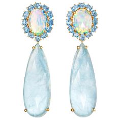 One-of-a-kind opal, aquamarine, blue topaz, and diamond drop dangle earrings, handcrafted in 18 karat yellow gold. These exquisite iridescent opals, encircled by blue topaz and with rose cut aquamarine drops, turn any occasion into a special one. So pretty to wear in any season, these stunning statement dangle earrings bring a touch of elegance to any look. Yellow Gold Drop Earrings, Women Jewellery, Jewelry Drawing, 18k Gold Earrings, Aquamarine Earrings, Diamond Dangle Earrings, Blue Sapphire Diamond, Jewellery Accessories, White Gold Earrings