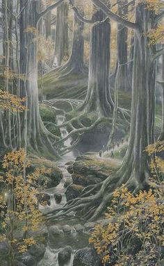 a painting of trees and water in a forest with yellow leaves on the ground, surrounded by rocks