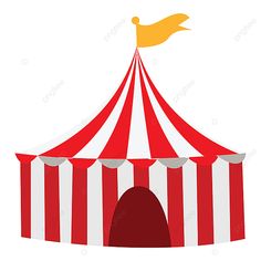 a red and white striped circus tent with a yellow flag on top, isolated against a white background