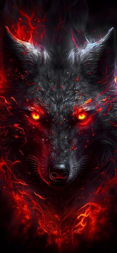 a wolf with red eyes and flames on it's face, in the dark