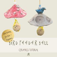 three bird ornaments hanging from strings with the words bird feeders on it's side