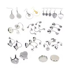 several different types of earrings are shown on a white background, including heart shaped earring hooks