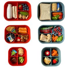 three red trays filled with different types of food and snacks on top of each other