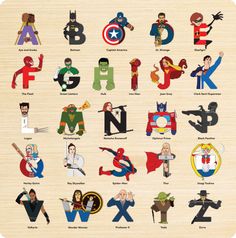 the alphabet is made up of superheros and their names in different colors, shapes, and sizes