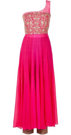 This anarkali featuring in a pink georgette one shoulder kurta with a thread embroidered yoke and side slits. It is teamed with oyster raw silk pants and net dupatta with champagne golus around border. Fabric: Georgette, net, silk. Lining: Santoon Pink Cutdana Sharara Maxi Length, Pink Cutdana Maxi Length Sharara, Pink Maxi Length Sharara With Cutdana, Pink Anarkali Lehenga For Evening, Pink Long Skirt Sharara For Navratri, Elegant Pink Dress With Cutdana Details, Festive Pink Sharara Long Skirt, Festive Pink Long Skirt Sharara, Pink Festive Long Sharara