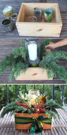 christmas centerpieces with candles, pine cones and greenery are displayed on a deck