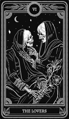 the lovers tarot card with two skeletons holding each other