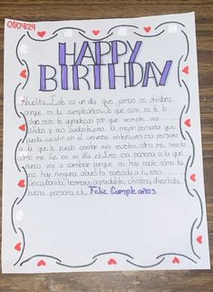 a birthday card with the words happy birthday written in purple and red hearts on it