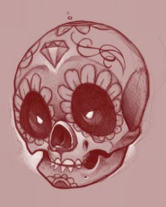 a drawing of a skull with flowers on it's head and the eyes closed