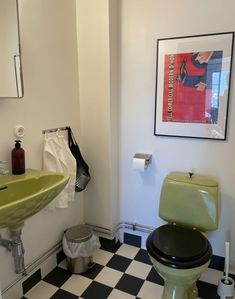 a bathroom with black and white checkered flooring, green toilet seat cover and sink